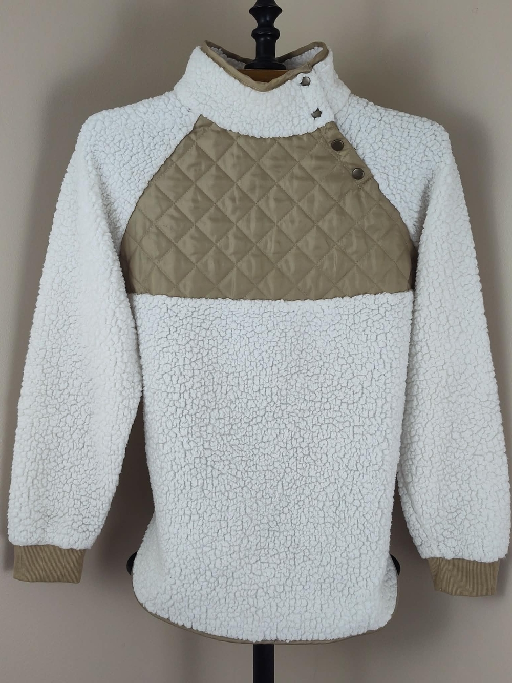 Sherpa Quilted Yoke Zip-Up Pullover - White & Tan
